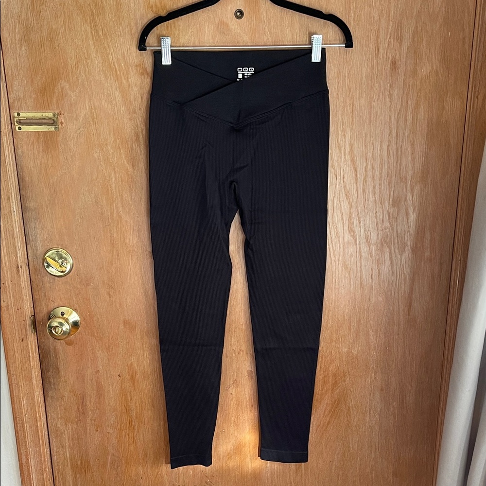 Ribbed Cross Front Black Women's Leggings